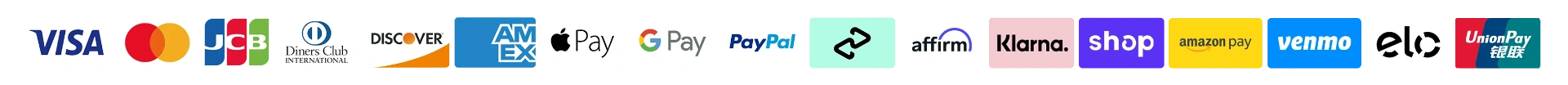 Accepted payment methods: Visa, Mastercard, JCB, Diners Club, Discover, Amex, Apple Pay, Google Pay, PayPal, Afterpay, Zip, Shop, Amazon Pay